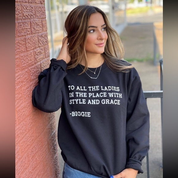 ASK Apparel Women’s Black Long Sleeve Biggie Smalls Lyrics Crewneck Sweater - Picture 2 of 6